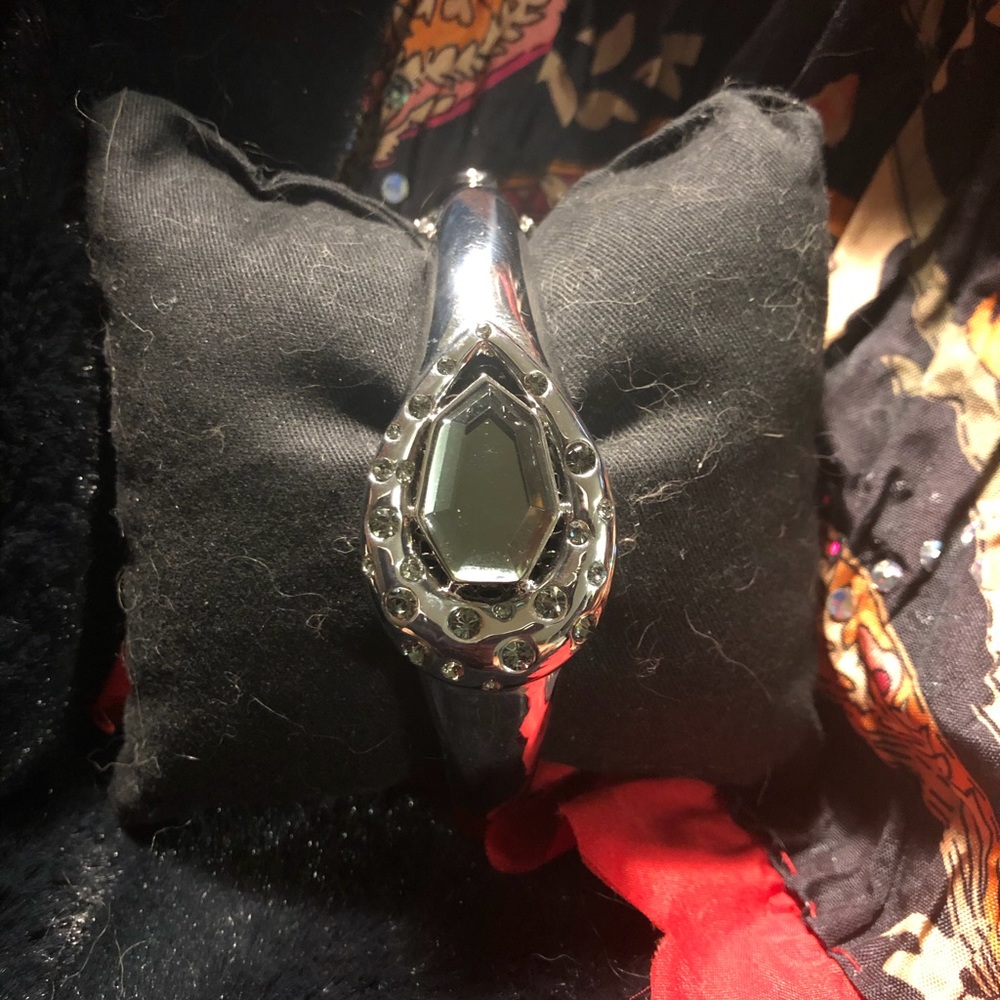 Silver Hinged Bangle With Large Crystal Center - image 2